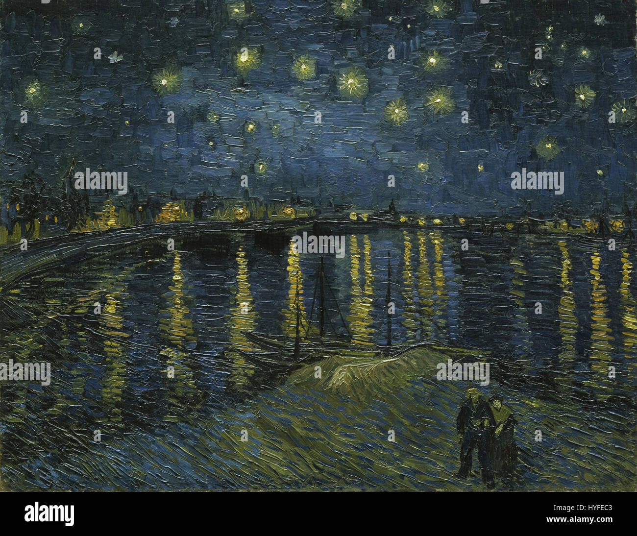 'Starry Night' by Vincent van Gogh is one of the most famous paintings in the world. The swirling night sky and luminous stars over a small village showcase van Gogh’s unique style and emotional depth, with vibrant brushstrokes and contrasting colors. Stock Photo