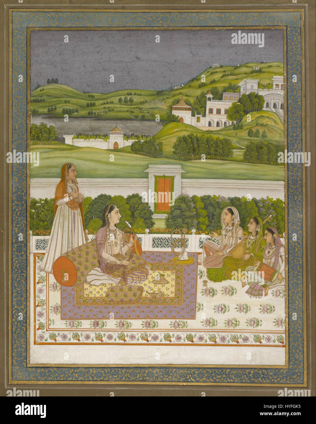 An unknown Indian princess is depicted listening to music, showcasing traditional attire and cultural elements. The artwork highlights the princess's serene expression and her connection to the cultural heritage of India, with an emphasis on music as a form of entertainment and spiritual connection. Stock Photo