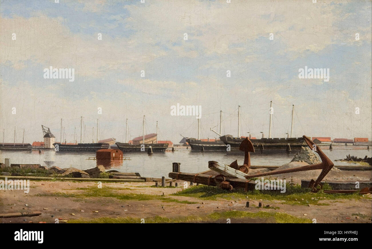 Christoffer Wilhelm Eckersberg   View of the wharf at Nyholm with the crane and some warships   Google Art Project Stock Photo