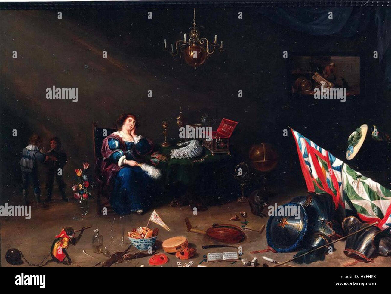 This 17th-century painting by David Teniers the Younger, titled 'Vanitas,' explores the theme of mortality through symbolic objects like skulls and extinguished candles. The work serves as a reminder of the transience of life. Stock Photo