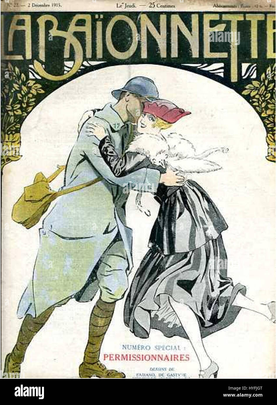 'La Baionnette' from December 2, 1915, is a French magazine cover illustrating the dramatic intensity of World War I. The cover depicts a bayonet charge, symbolizing the harsh realities of combat during the war. Stock Photo