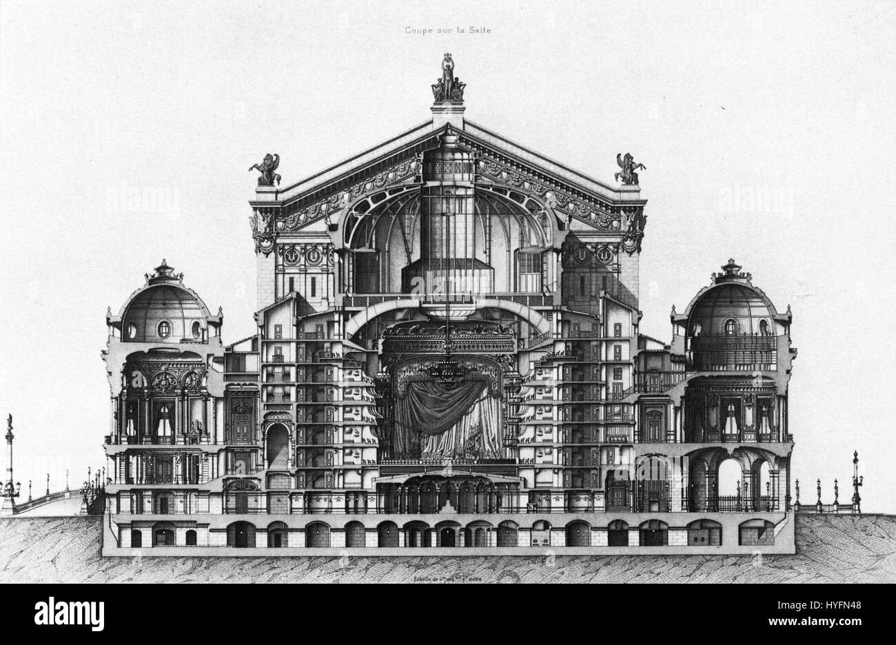 This architectural drawing depicts a transverse section of the Palais Garnier, focusing on the auditorium and surrounding pavilions. The drawing captures the grandeur and complexity of this famous opera house in Paris. Stock Photo