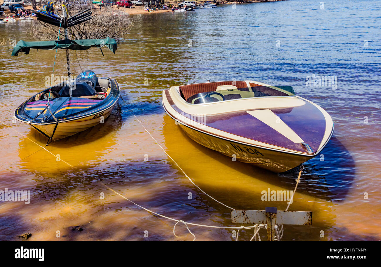 Waterski boats tied up on Lake Eppalock, near Bendigo, Victoria, Australia Stock Photo