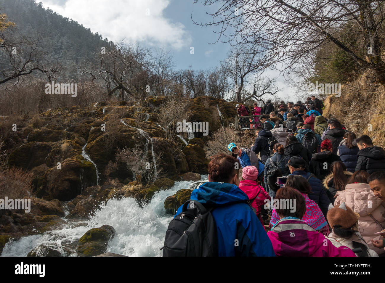 Typical levels of tourism: With nearly 40,000 daily visitors in summer, Jiuzhaigou National Park, Sichuan, China Stock Photo