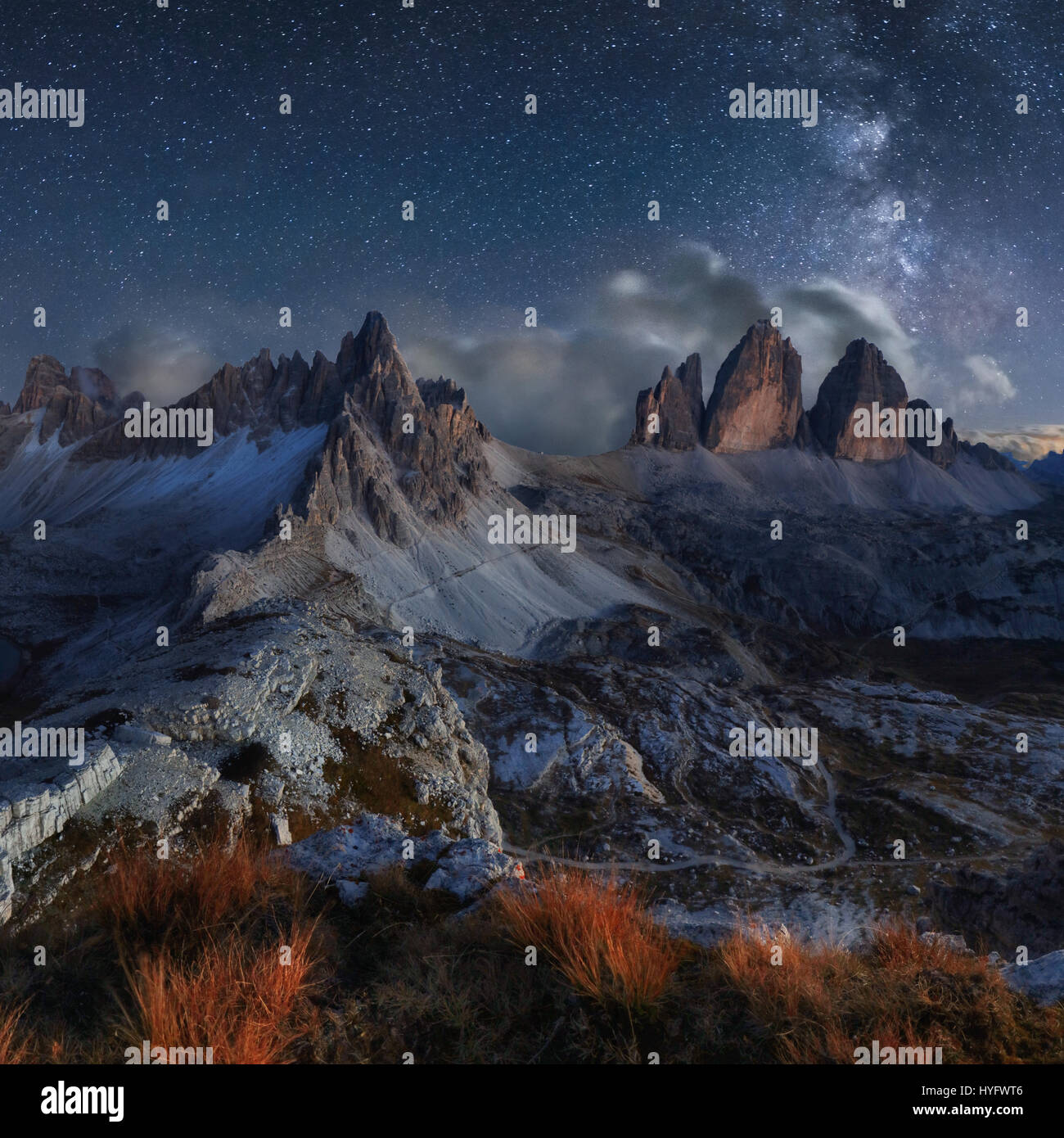 Alps Mountain Landscape With Night Sky And Mliky Way Tre Cime Di