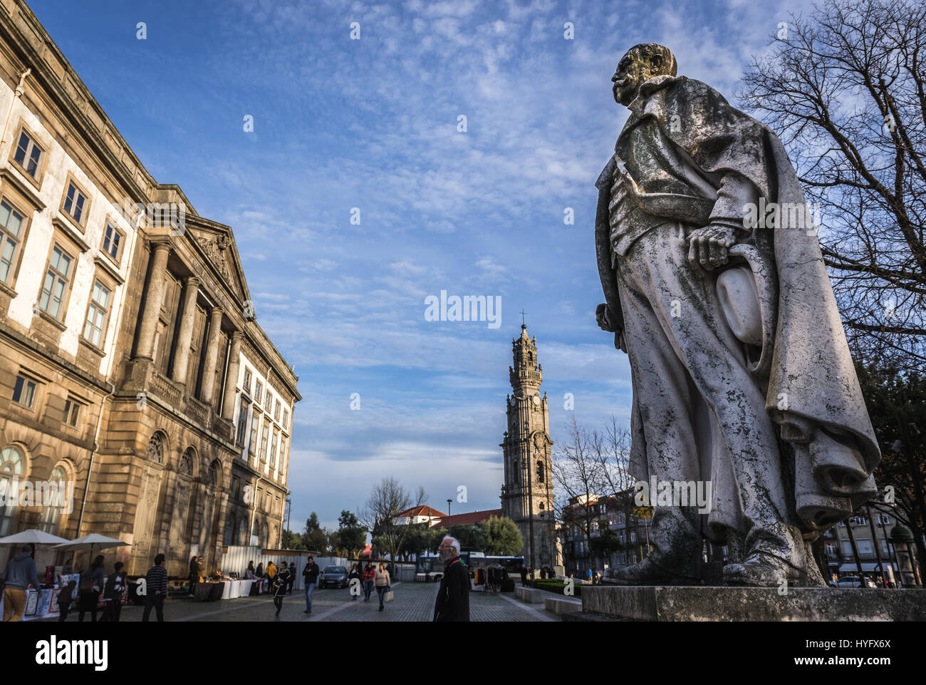 Monument of Portuguese writer Ramalho Ortigao and University of Porto headquarters in Vitoria civil parish of Porto city, Portugal Stock Photo