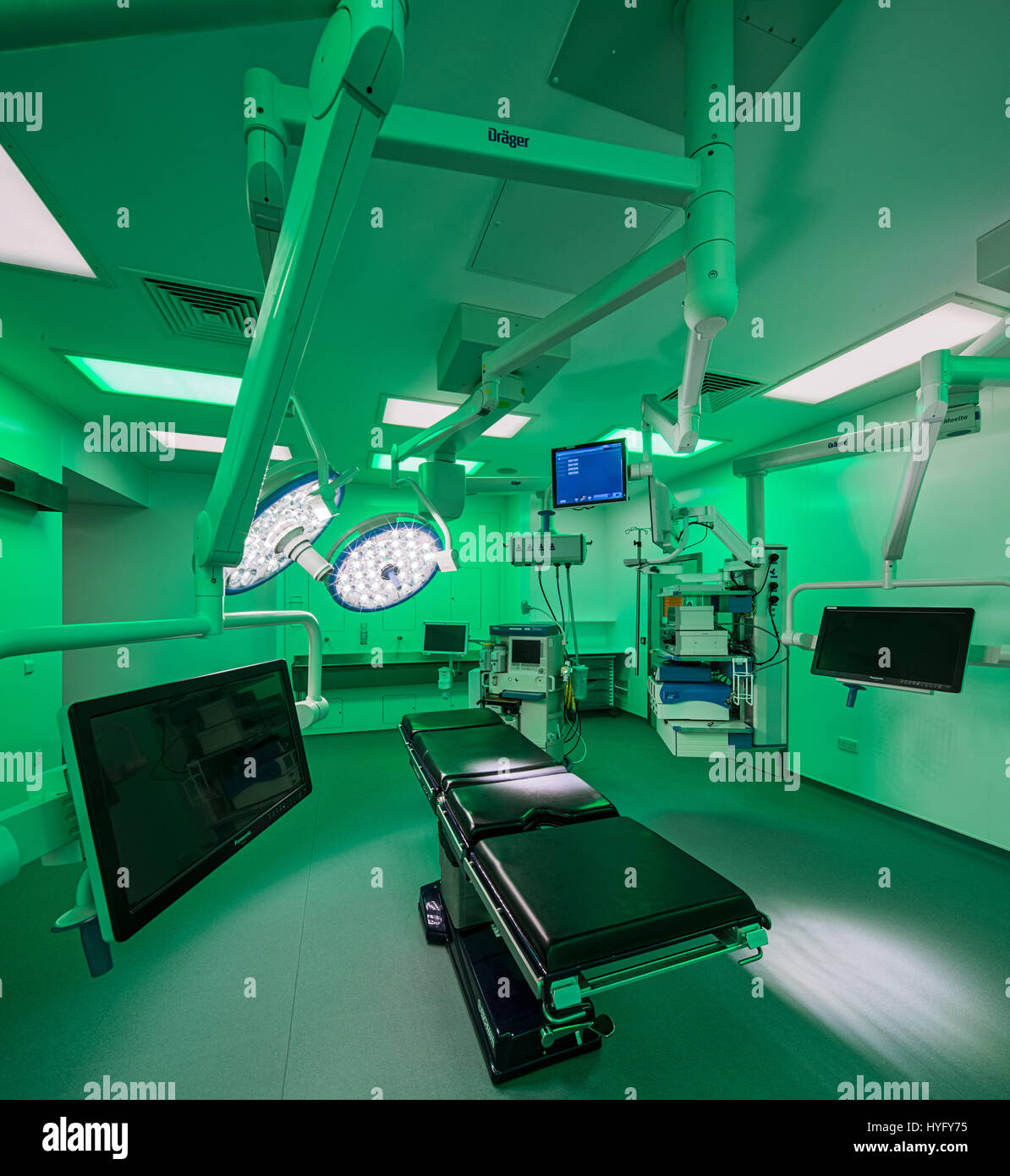 Operating Theatre at Queen Elizabeth Hospital in King's Lynn. Green lighting to enable surgeons