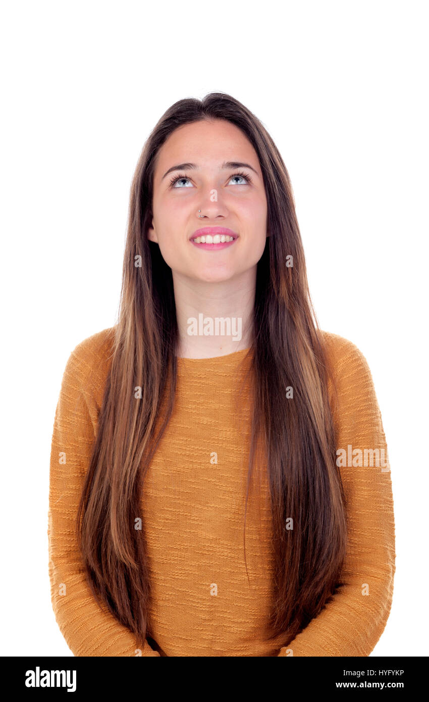 Pretty teenager girl with sixteen years old looking up isolated on a ...