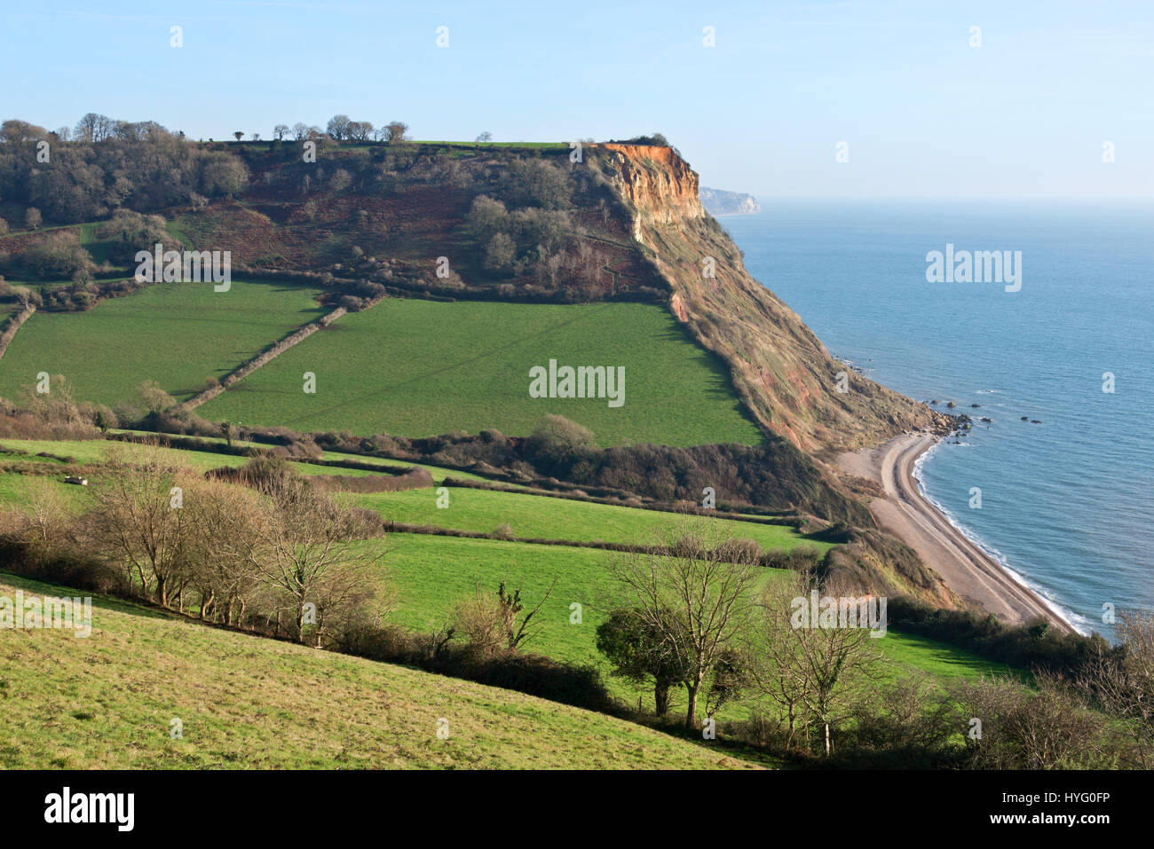 The view along Devons Jurassic Coast from Salcombe Hill looking eastwards along the coast towards Higher Dunscombe Cliff, part of the East Devon AONB Stock Photo
