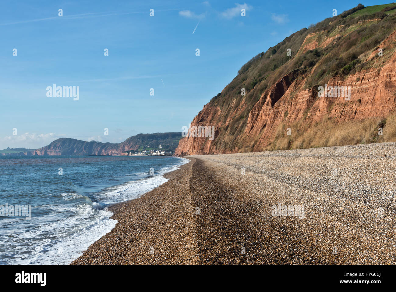 The view along Devons Jurassic Coast from the beach at Weston Mouth part of the East Devon AONB Stock Photo
