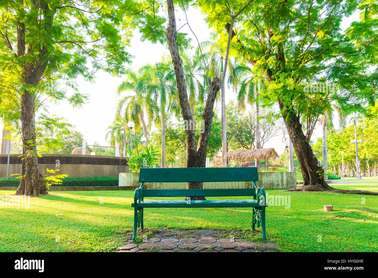 Park and bench for recreation area in the city, Green grass Stock Photo ...