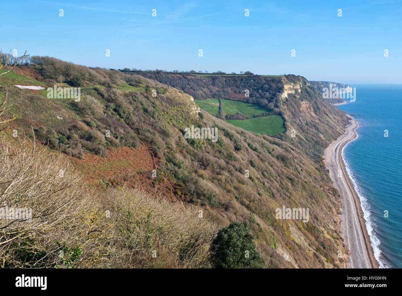 The view along Devons Jurassic Coast from Higher Dunscombe Hill looking eastwards along the coast towards Weston Mouth part of the East Devon AONB Stock Photo
