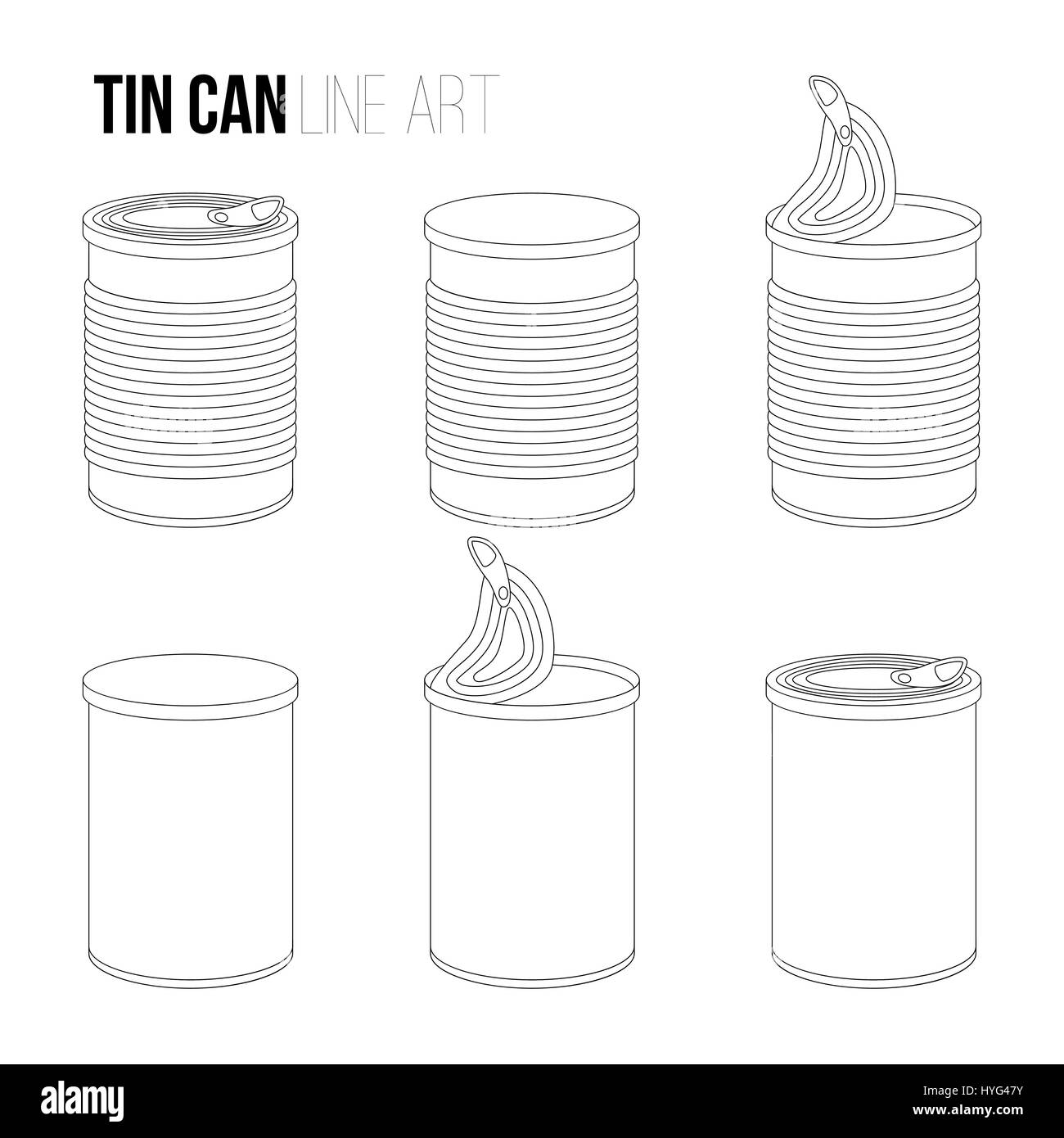Tincan, canned food line art icons isolated on white tin. Outlines objects set Stock Vector