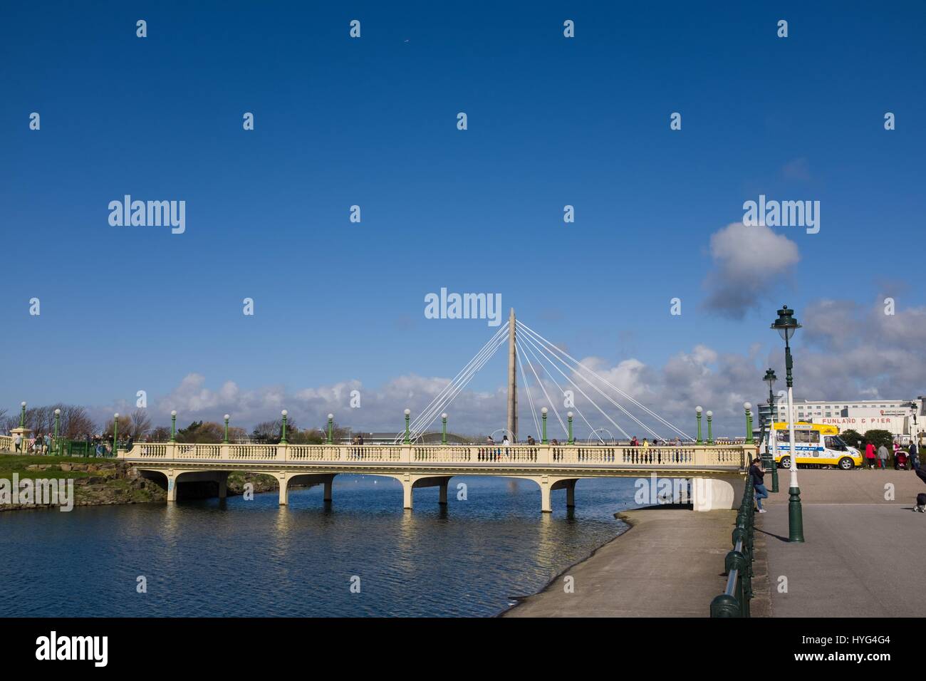 Marine Lake in Southport with Marine Way suspension bridge in background Stock Photo