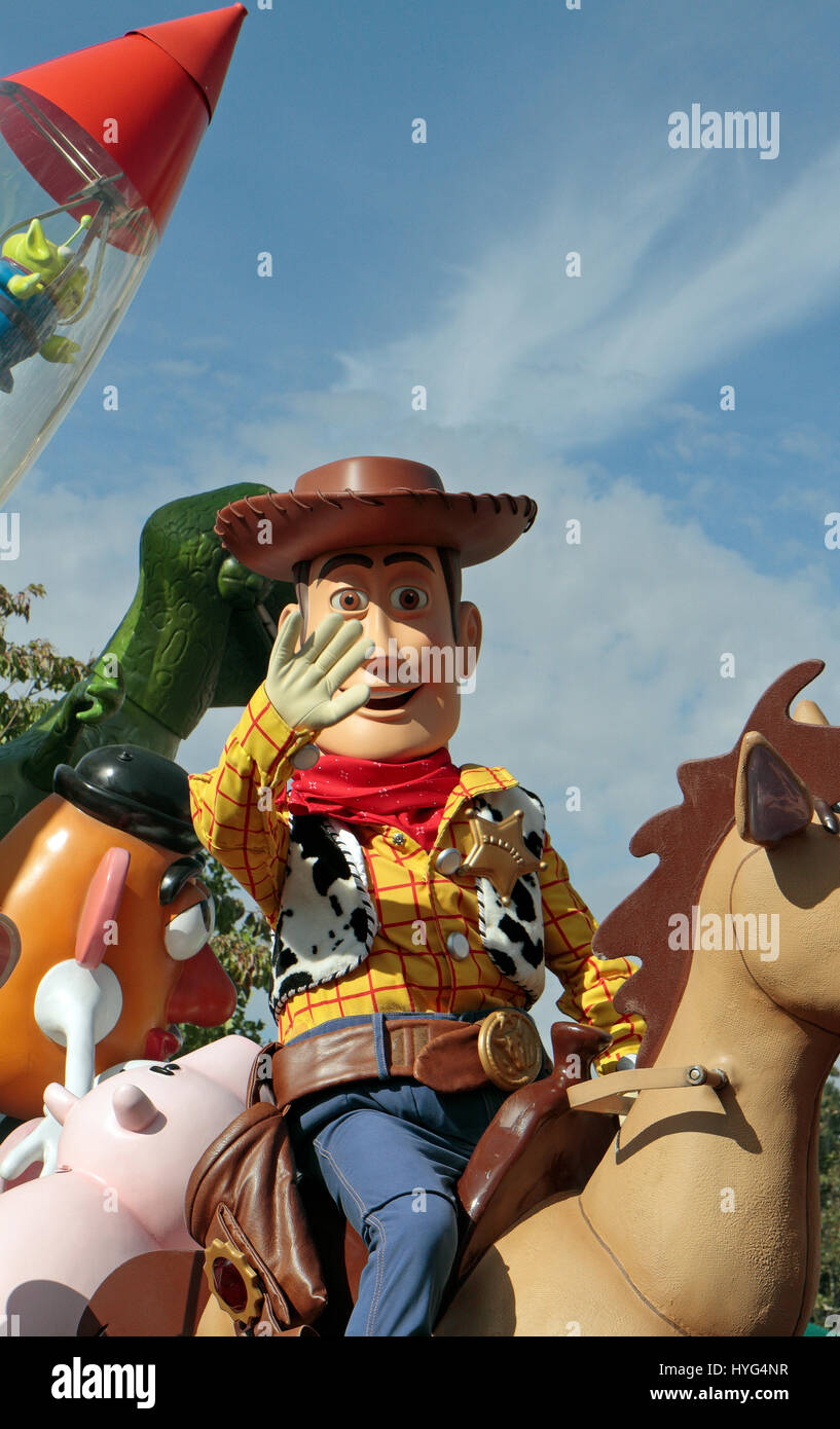 Woody from Toy Story, part of the Disney Stars on Parade, Disneyland Paris, Marne-la-Vallée, near Paris, France. Stock Photo
