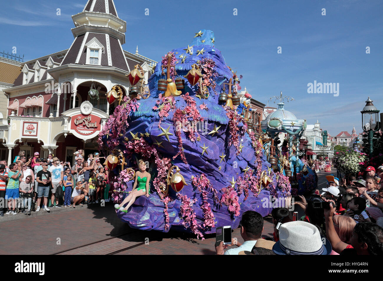 Tinkerbell on the back of a float in the Disney Stars on Parade, Disneyland Paris, Marne-la-Vallée, near Paris, France. Stock Photo