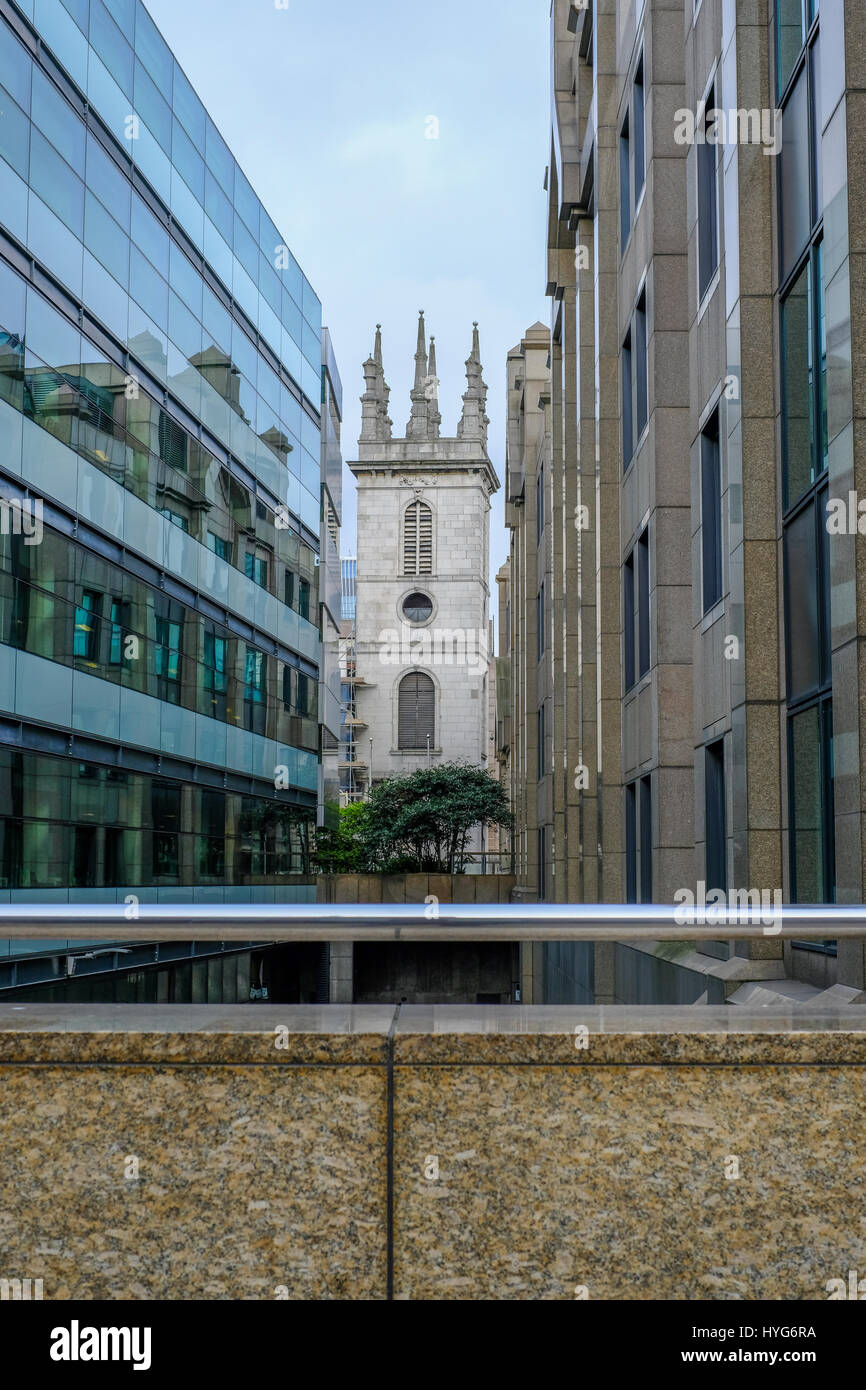 Old church between two offices, London Stock Photo