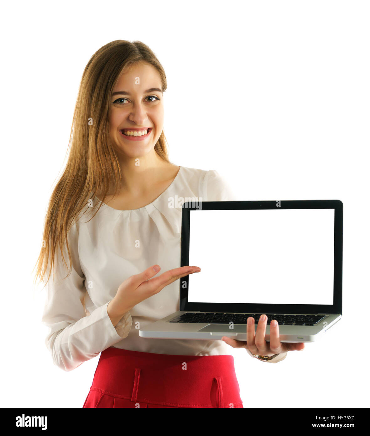 Beautiful student girl with laptop isolated on white Stock Photo - Alamy