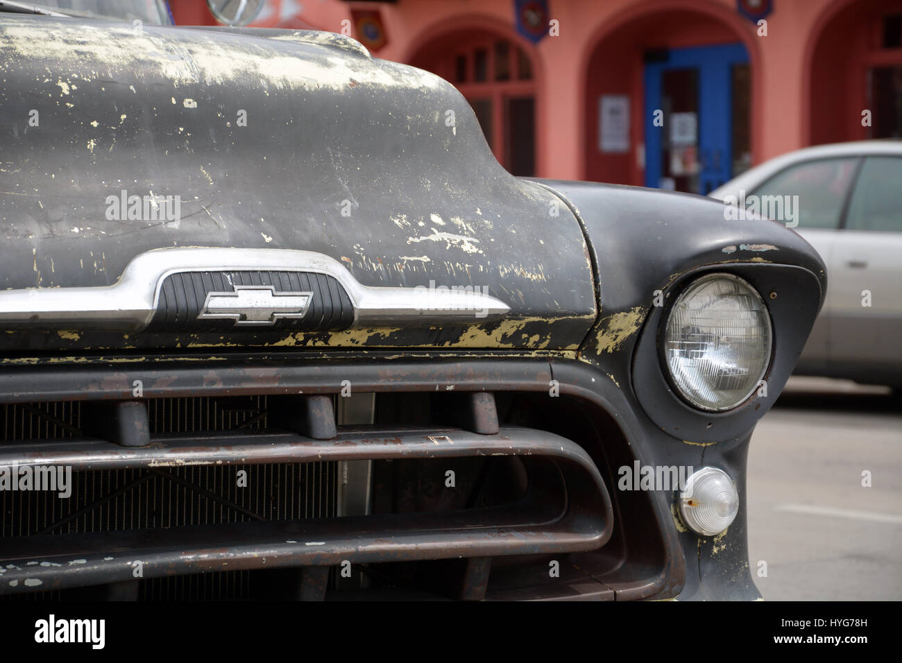 The weathered front end of a 1957 half ton Chevy Panel Van in the Dallas Deep Ellum neighborhood. Stock Photo