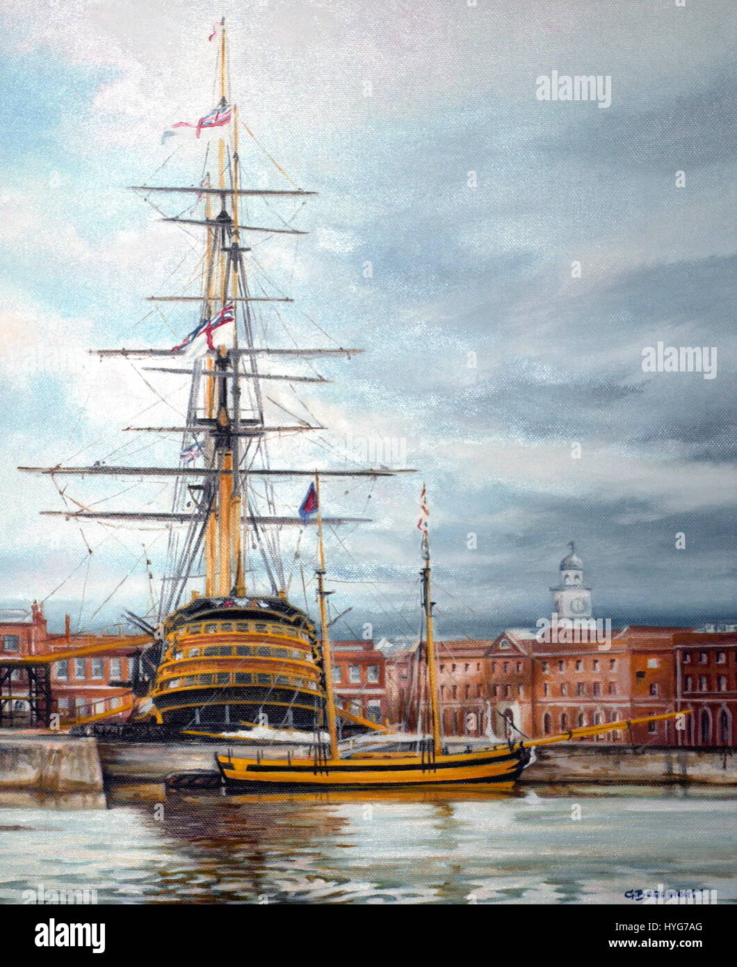 AJAXNETPHOTO. 2005. PORTSMOUTH, ENGLAND. - BEAUMONT PAINTING - HMS VICTORY AND SCHOONER PICKLE. 46CMSX38CMS - ORIGINAL OIL ON CANVAS BY THE ARTIST CAROLINE BEAUMONT DEPICTING NELSON'S 1805 BATTLE OF TRAFALGAR FLAGSHIP, AND THE SCHOONER PICKLE ON WHICH ADMIRAL COLLINGWOOD'S DISPATCH OF THE BATTLE WAS BROUGHT TO ENGLAND, TOGETHER IN PORTSMOUTH'S ROYAL NAVAL BASE HERITAGE SITE IN JULY 2005. ©COPYRIGHT:CAROLINE BEAUMONT. PHOTO:JONATHAN EASTLAND/AJAX REF:61703722 Stock Photo
