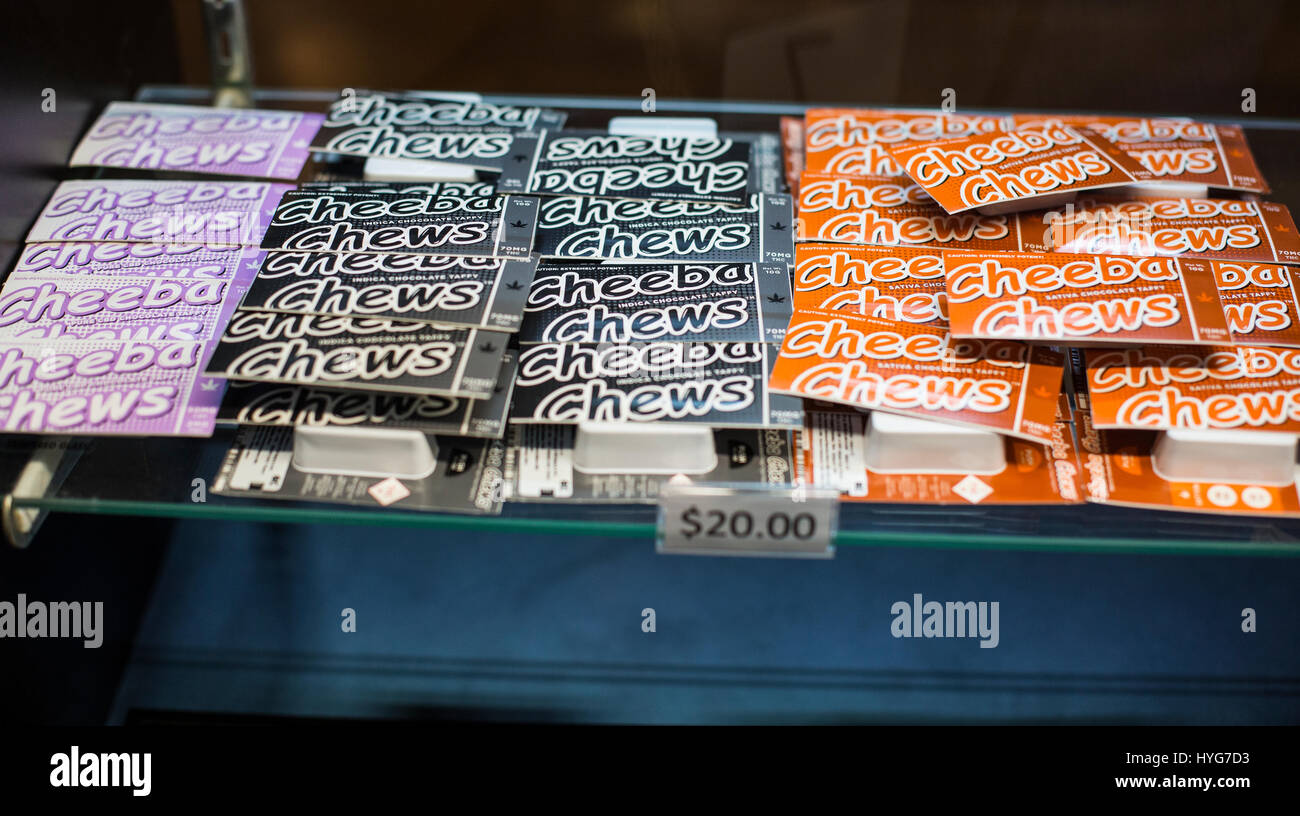 Cheeba Chews brand cannabis edibles for sale on a shelf at a dispensary Stock Photo
