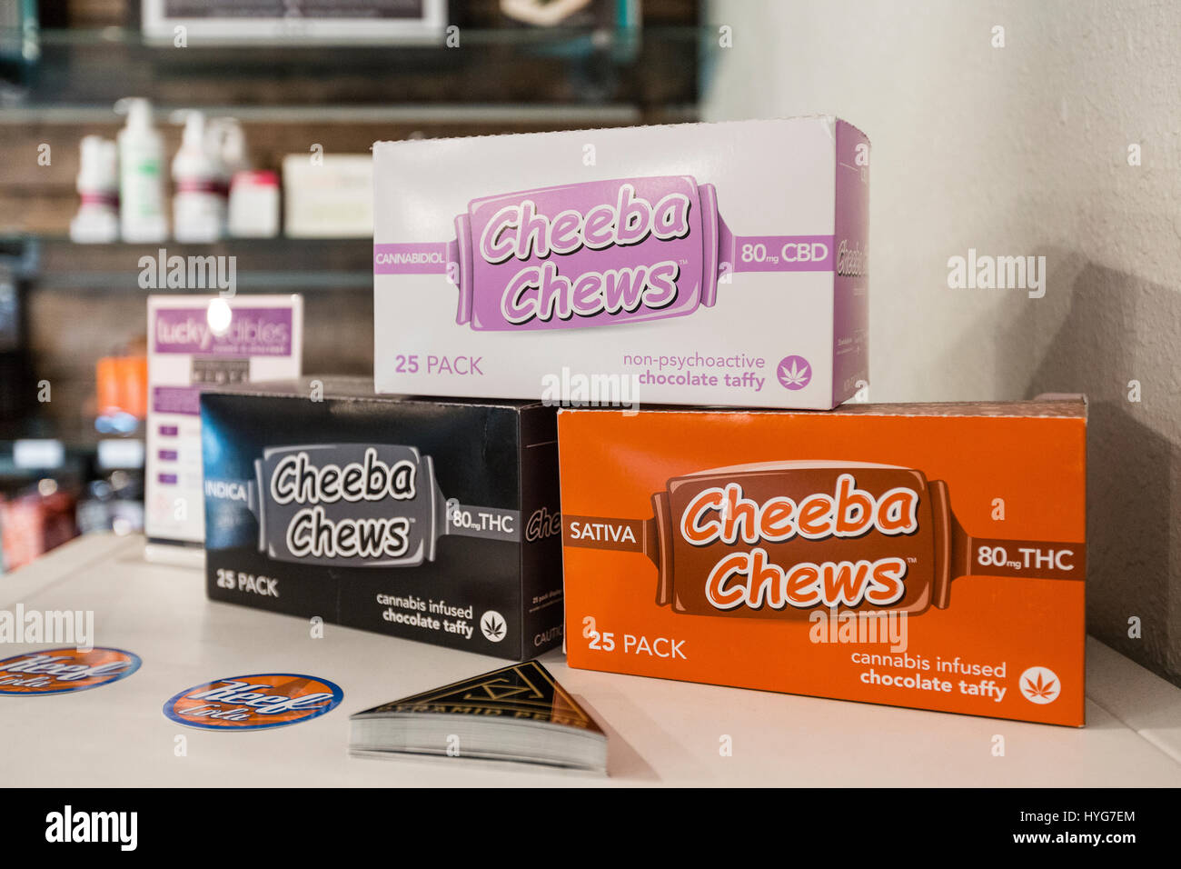 Cheeba Chews brand cannabis edibles for sale on a shelf at a dispensary Stock Photo