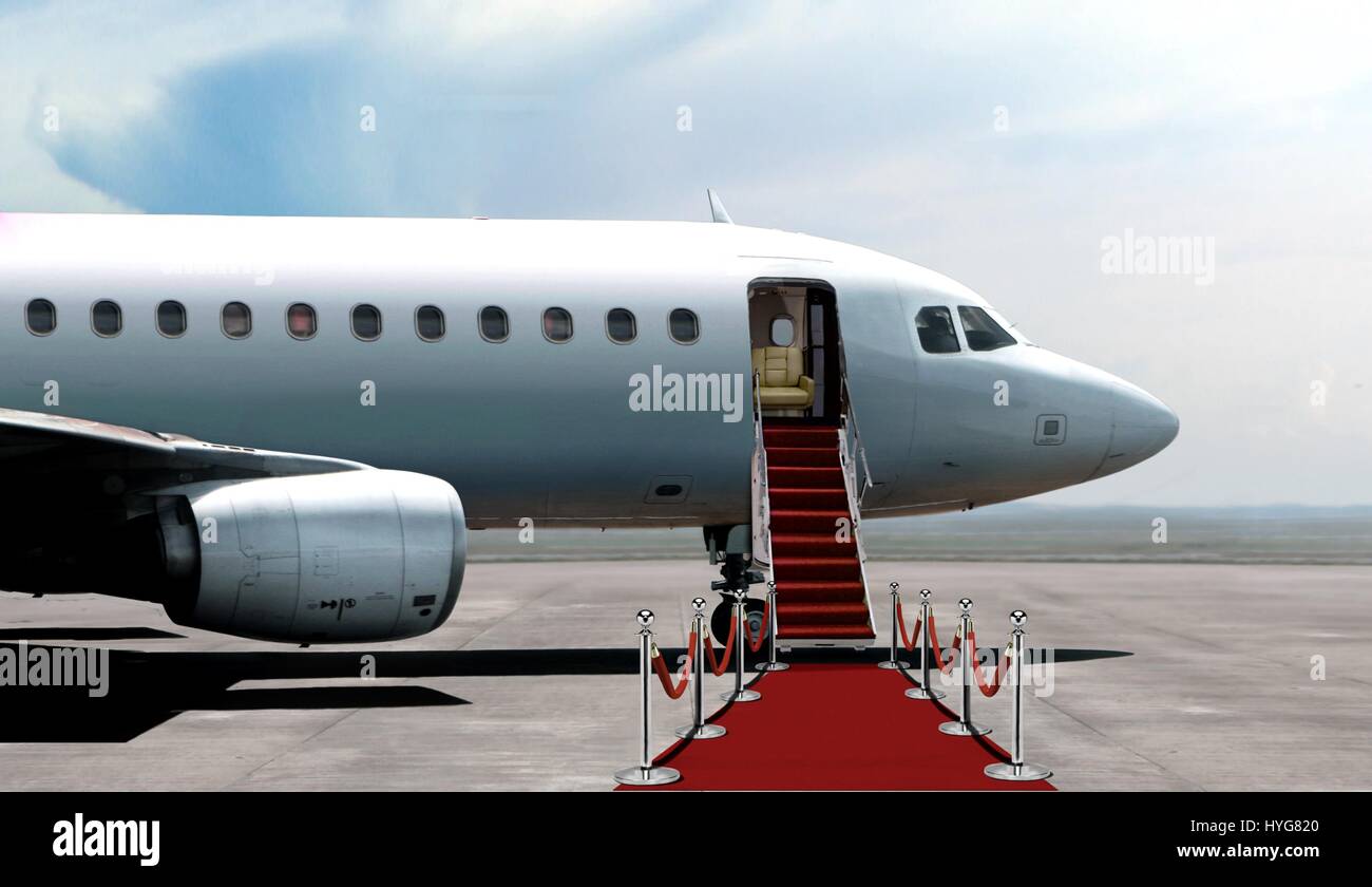 Airplane departure entrance with red carpet Stock Photo