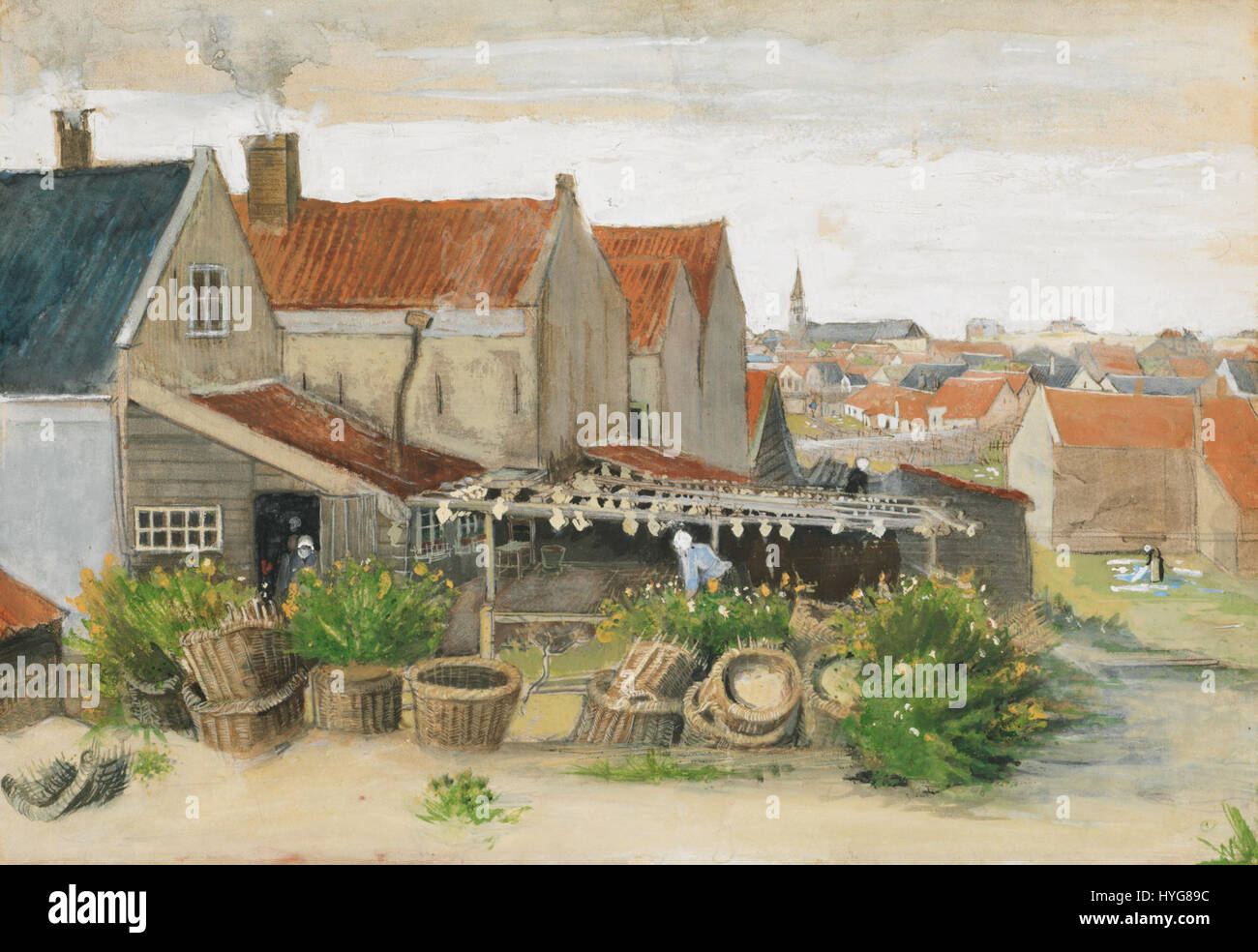 'The Fish Drying Barn at Scheveningen' is a painting by Vincent van Gogh, created in 1882. It depicts a traditional fish drying barn in the fishing village of Scheveningen, showcasing van Gogh's early use of color and brushwork. Stock Photo