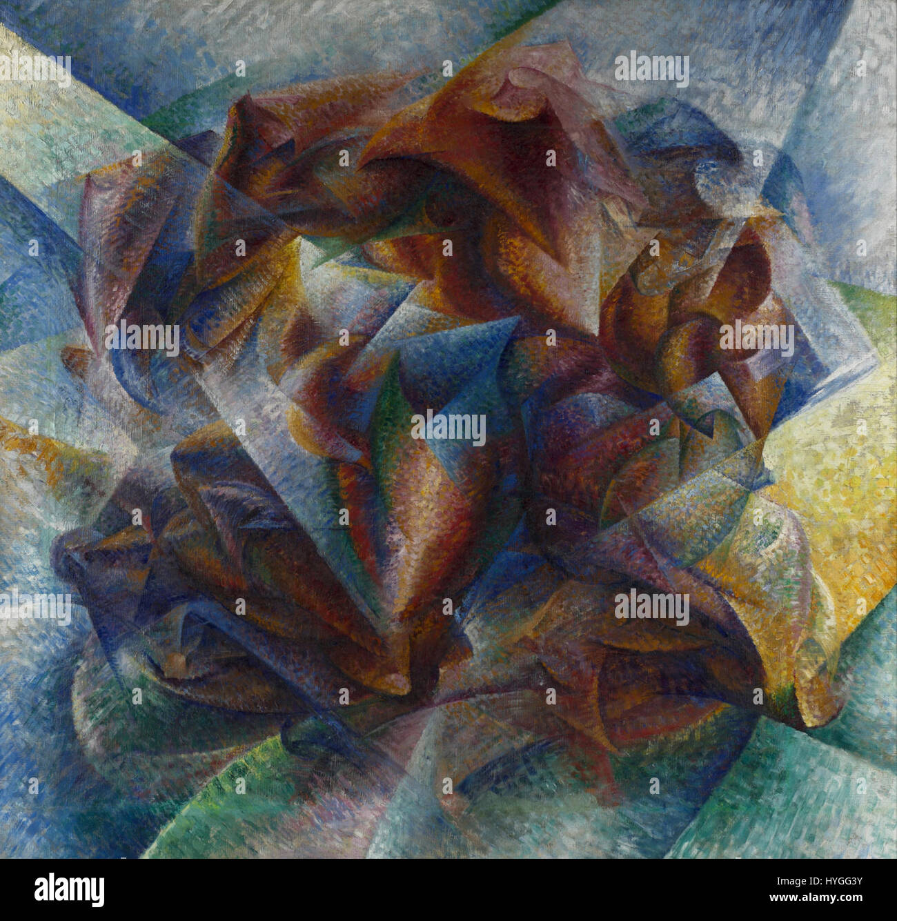 'Dynamism of a Soccer Player' by Umberto Boccioni is a 1913 painting that exemplifies the Italian Futurist movement. The artwork captures movement and speed, reflecting the dynamic energy of a soccer player in action, using fragmented forms and vibrant colors. Stock Photo