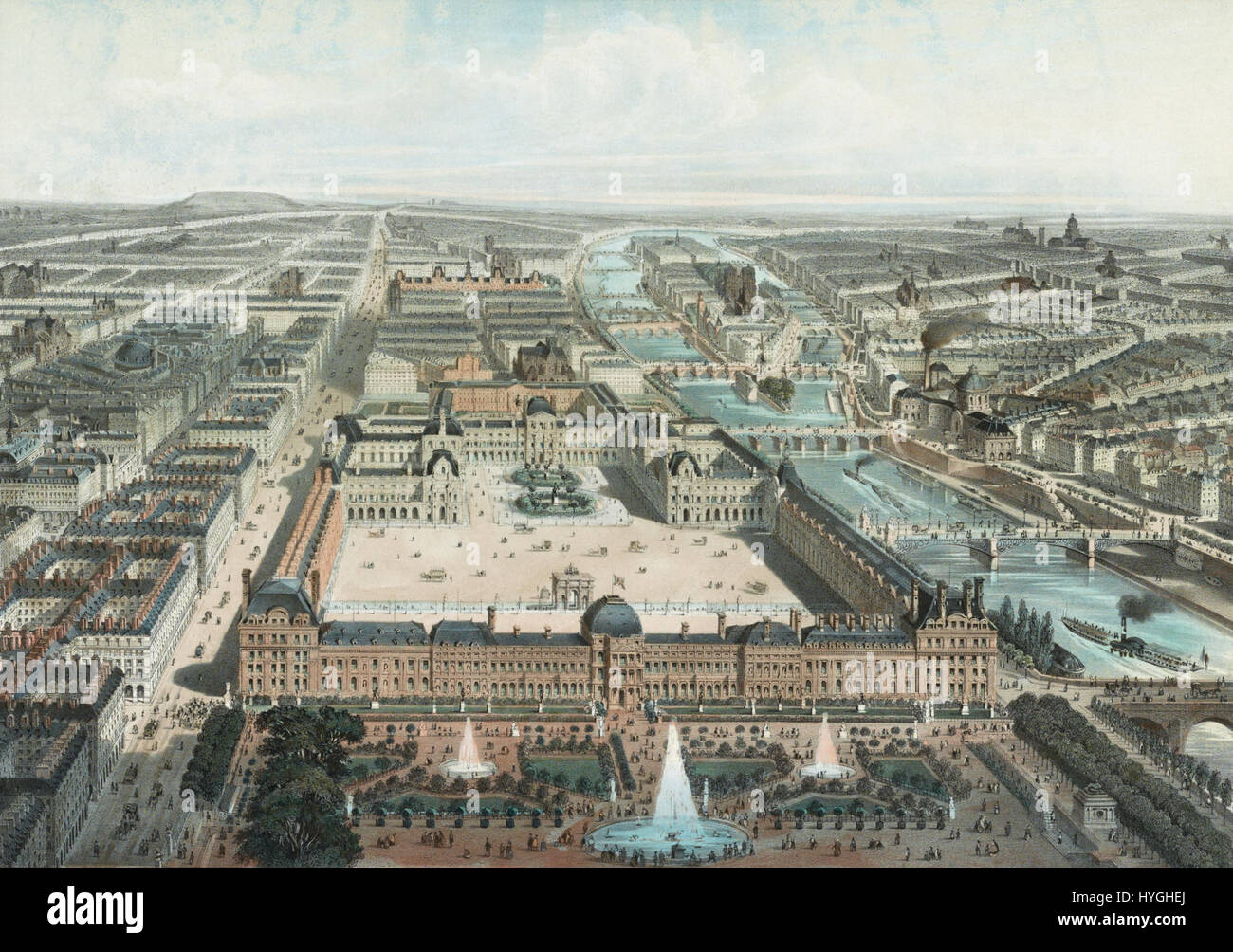 Paris moderne. Les Tuileries, le Louvre, et la rue de Rivoli, vue prise du Jardin des Tuileries Stock Photo