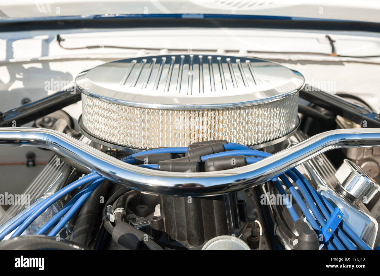 automotive engine bay parts on a high performance vehicle Stock Photo