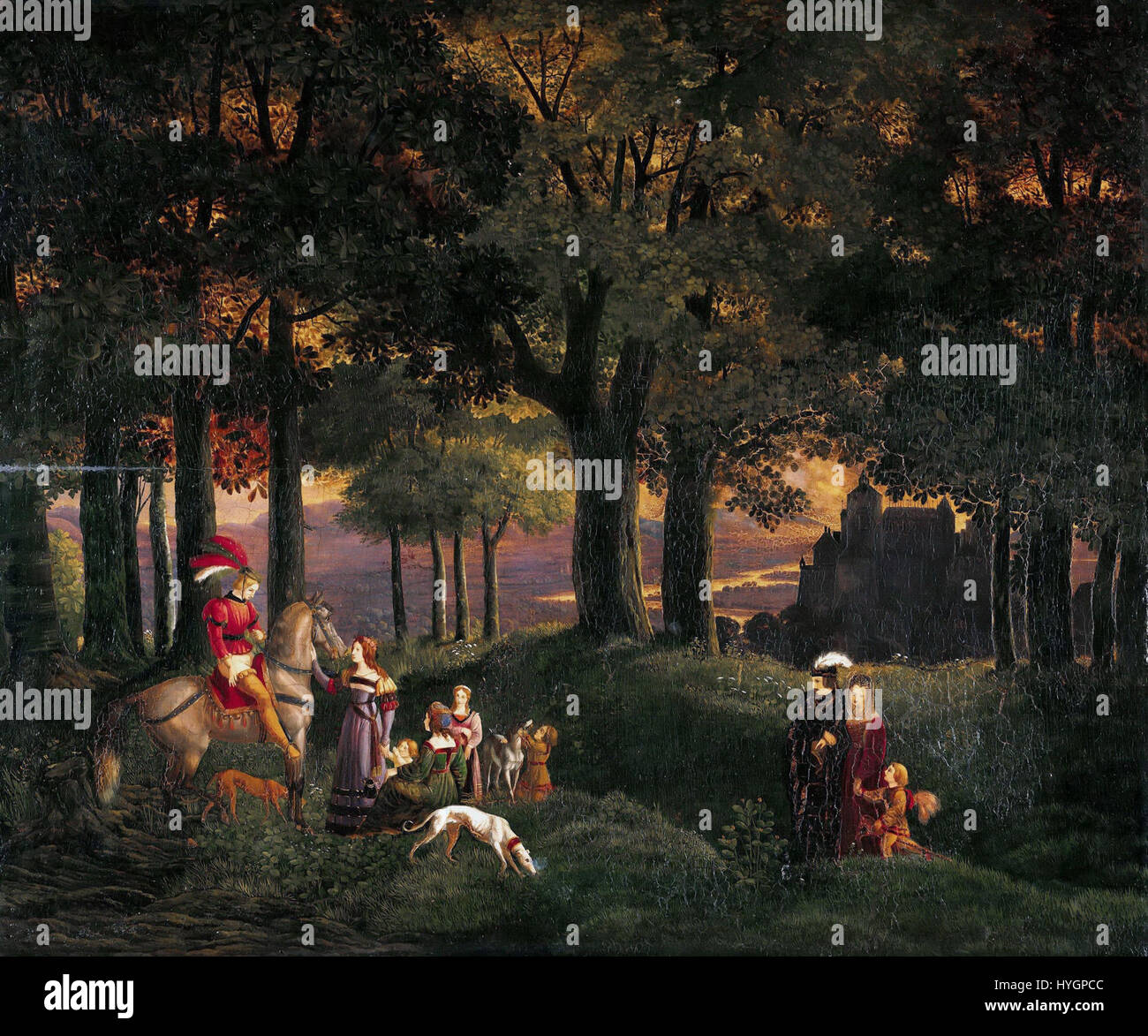 'Der verirrte Ritter' (The Lost Knight) by Karl Philipp Fohr, painted in 1816, depicts a romanticized knight lost in a dramatic landscape. The work reflects German Romanticism with its focus on nature, emotions, and the individual's struggle in the world. Stock Photo