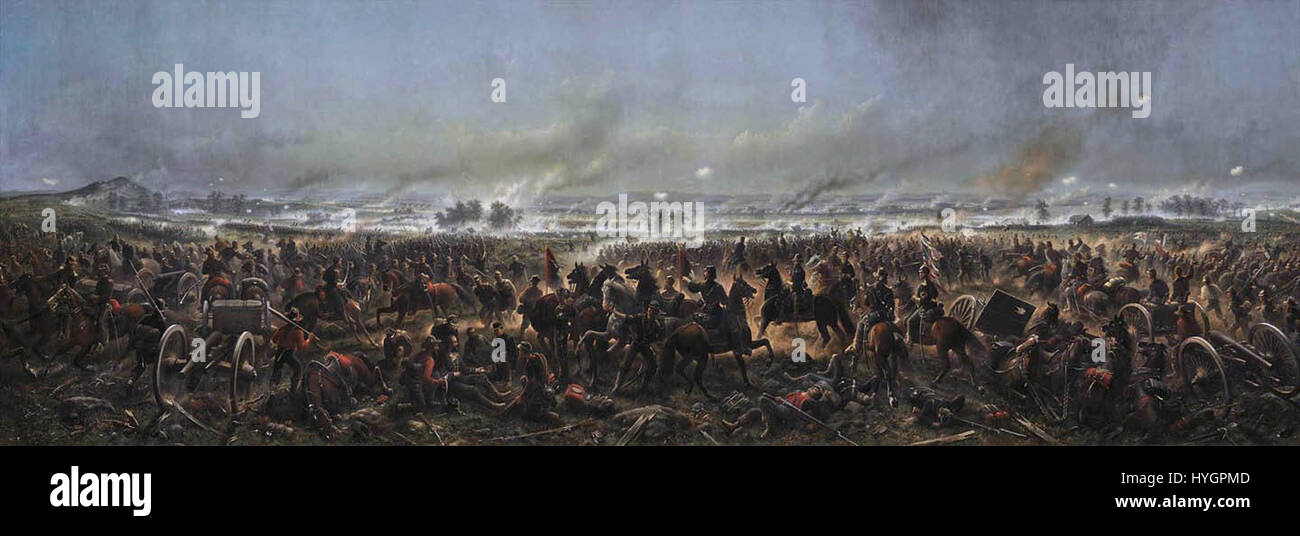 'The Battle of Gettysburg' by James Walker is a historical painting depicting the pivotal Civil War battle fought in 1863 in Pennsylvania. The artwork captures the intense military action, the scale of the battle, and the significant turning point it represented in the American Civil War. Stock Photo