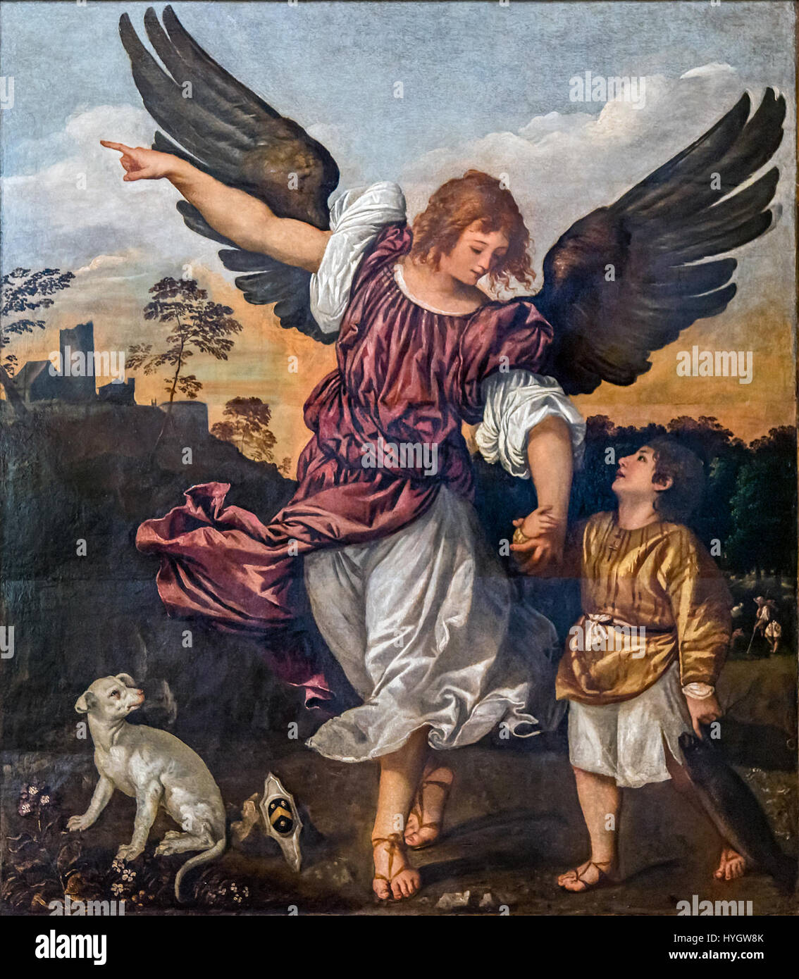'Archangel Raphael and Tobit' by Titian is a Renaissance painting depicting the biblical story of Tobit, his son Tobias, and the archangel Raphael. This work showcases Titian’s mastery in color and composition, with a focus on religious symbolism and dramatic expression, typical of Venetian Renaissance art. Stock Photo