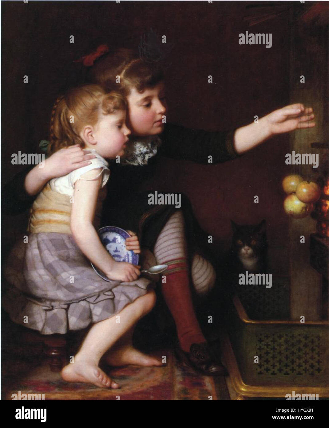 Seymour Joseph Guy’s 1881 painting 'One for Mommy, One for Me' presents a charming family scene, capturing two children with their mother in a tender, familial moment. The painting reflects 19th-century American domestic life and childhood innocence. Stock Photo