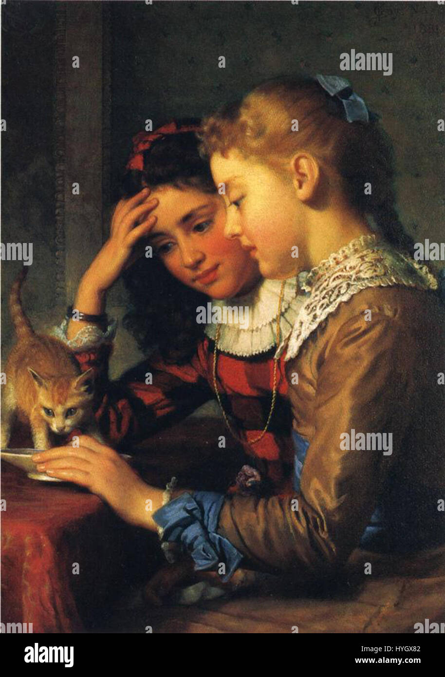 Seymour Joseph Guy’s 1881 painting 'The New Arrival' depicts a family welcoming a new member into their home. The work captures the warmth and emotional connection of domestic life in 19th-century America, showcasing Guy's talent for portraying intimate family moments. Stock Photo
