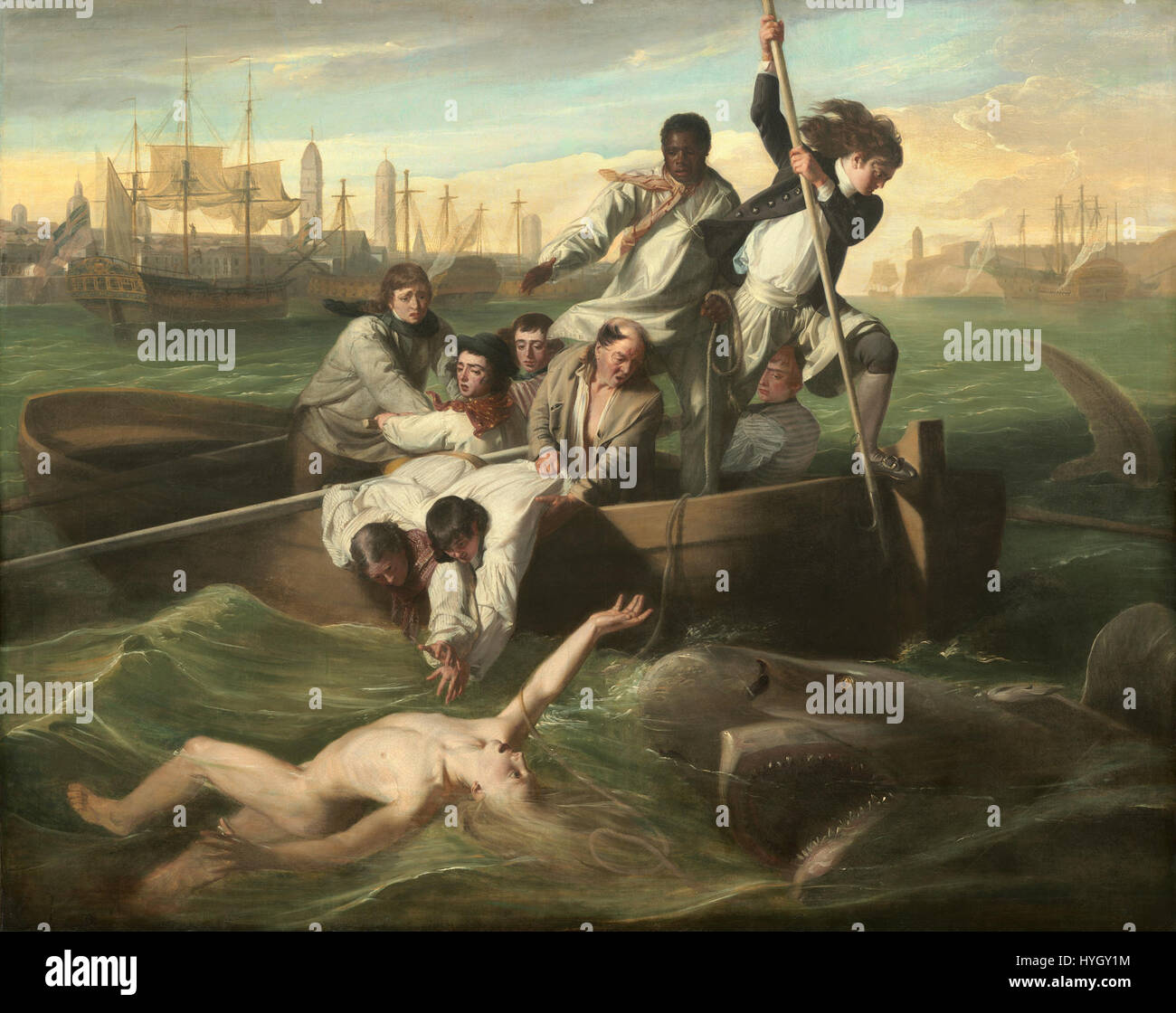 'Watson and the Shark' is an iconic painting by John Singleton Copley, depicting the dramatic rescue of Brook Watson from a shark attack in Havana, highlighting Copley’s mastery in capturing dynamic, emotional moments. Stock Photo