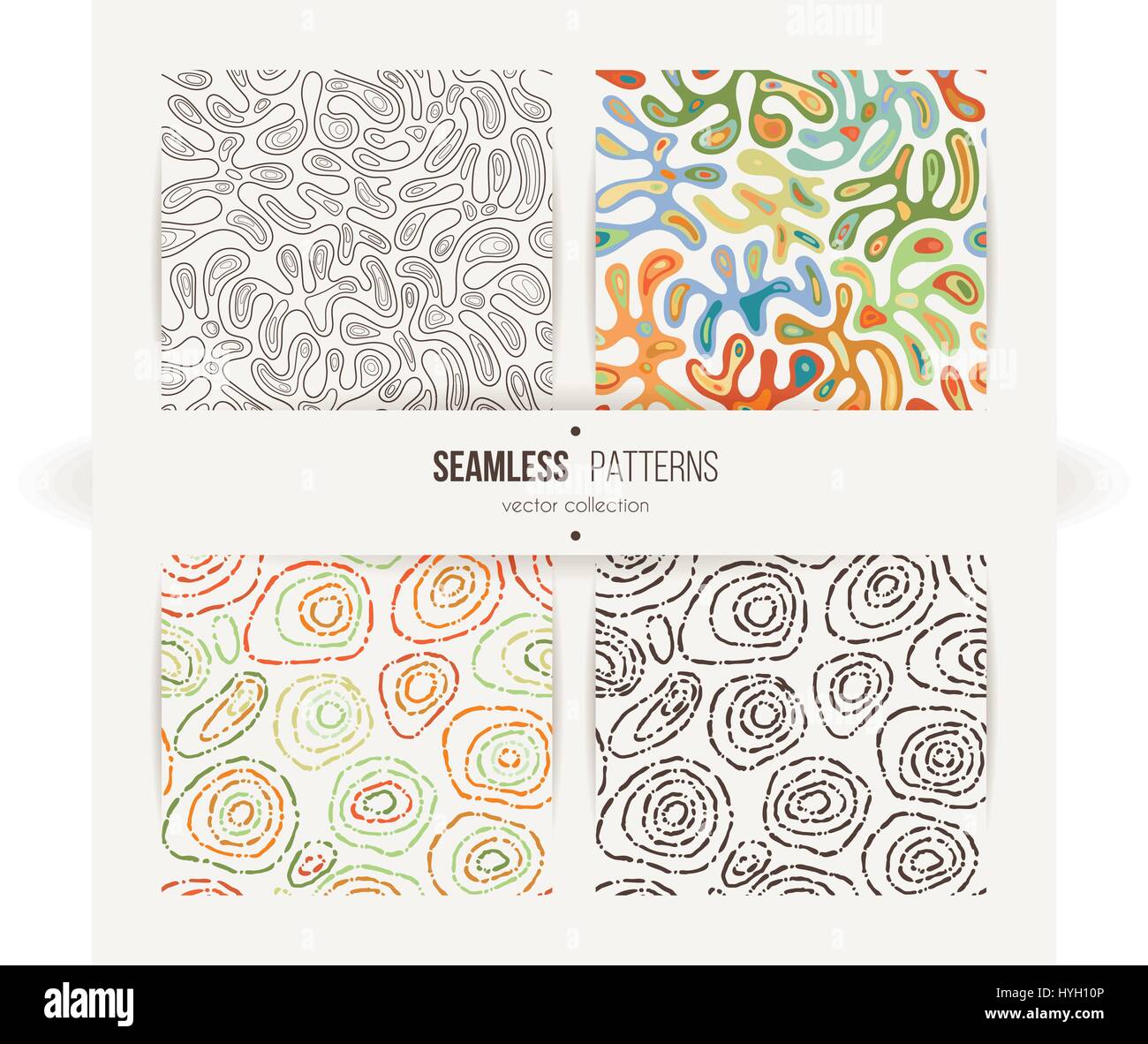 Set of seamless abstract patterns. Wave like amoeba and dotted circles Stock Vector