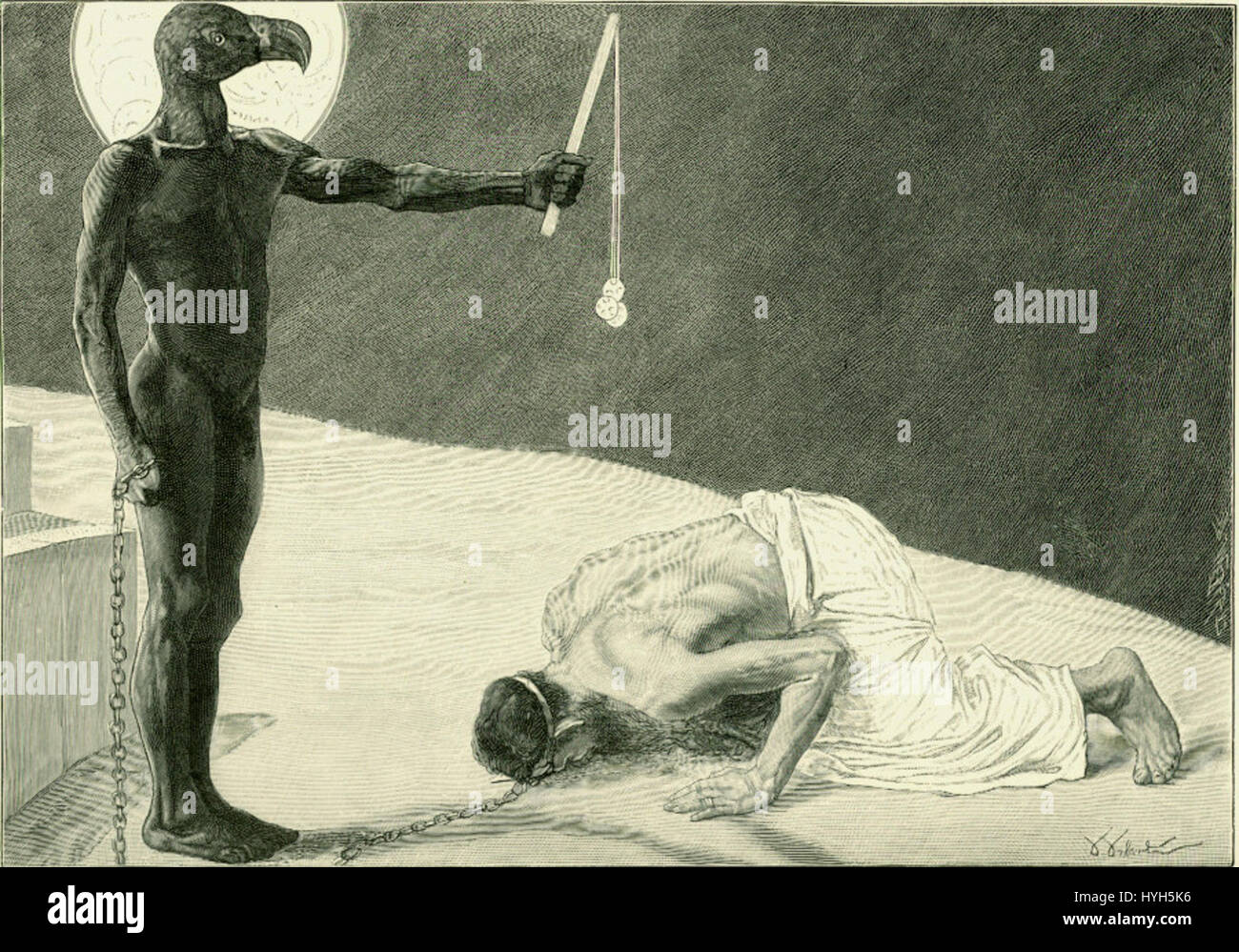 'Mammon and His Slave' is a symbolic artwork depicting the concept of greed and its consequences. The figure of Mammon, representing wealth and materialism, is shown controlling a slave, symbolizing the subjugation of human values to money. The piece emphasizes the moral and ethical implications of unchecked greed. Stock Photo