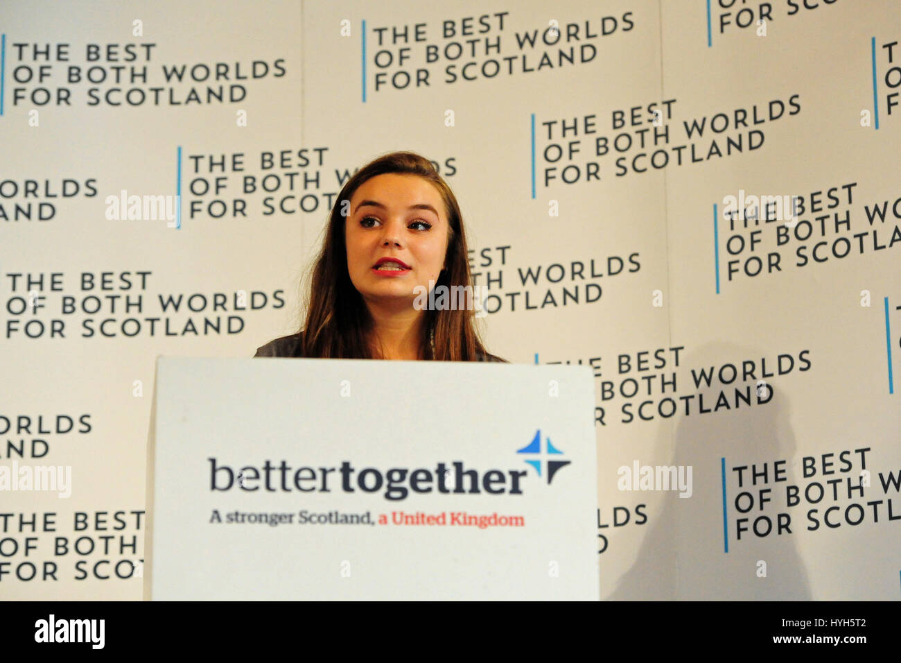 First-time voter Shonagh Munro speaking at a Better Together event in Dundee to mark the start of postal voting in the Scottish independence referendum Stock Photo