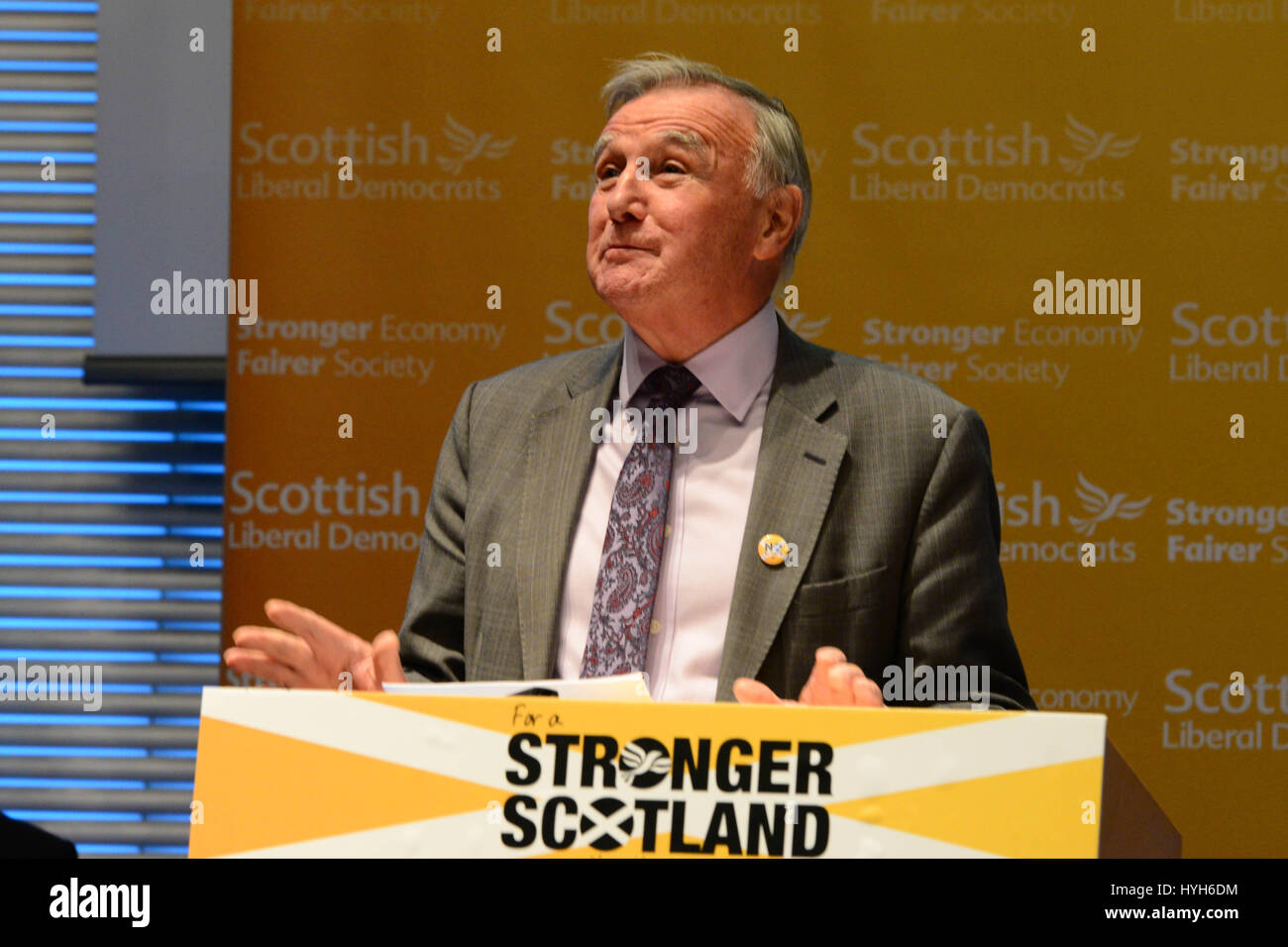 Sir Malcolm Bruce MP, Liberal Democrats deputy leader and president of the Scottish Liberal Democrats, speaking at a party rally in Edinburgh a week before the Scottish independence referendum Stock Photo