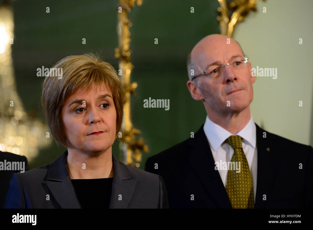 Scotland's First Minister Nicola Sturgeon with her newly-appointed Deputy First Minister John Swinney at a press conference in Bute House in Edinburgh, the First Minister's official residence Stock Photo