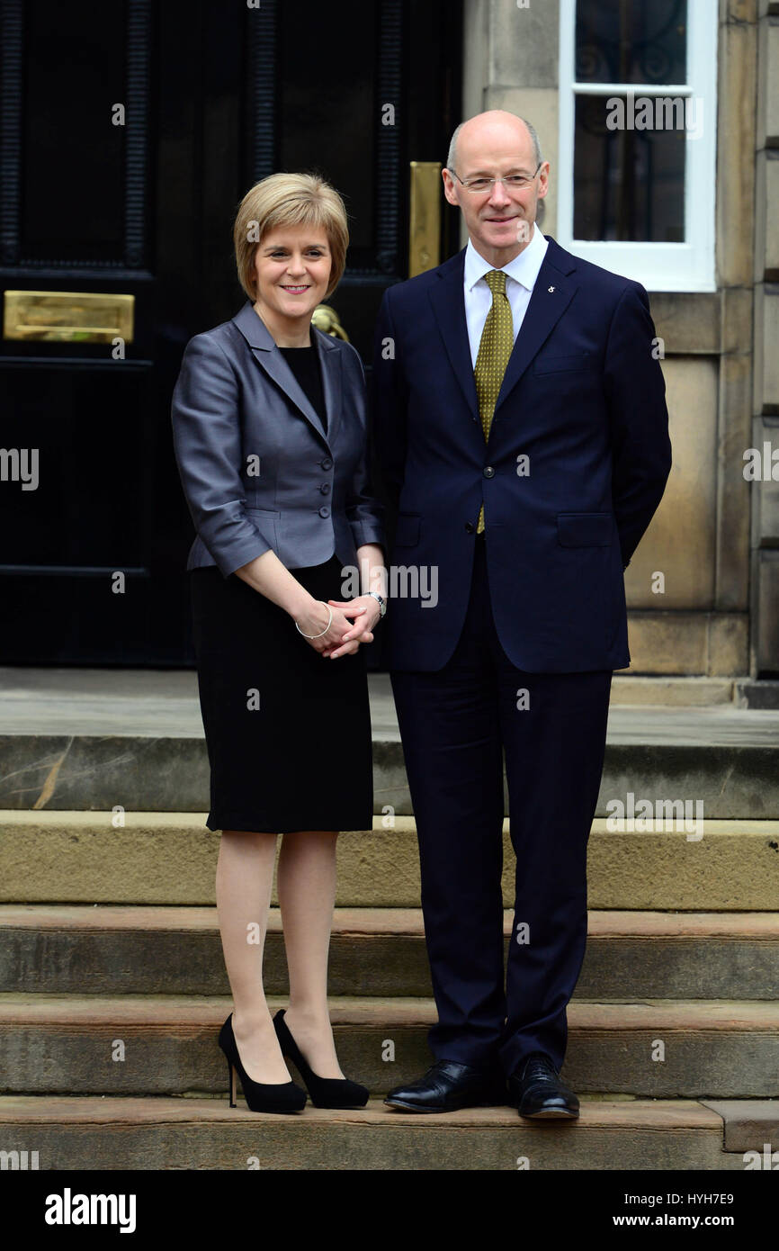 Scotland's First Minister Nicola Sturgeon with her newly-appointed Deputy First Minister John Swinney on the steps of Bute House in Edinburgh, the First Minister's official residence Stock Photo