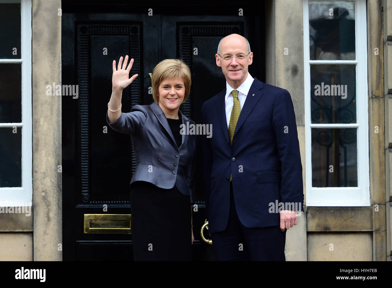 Scotland's First Minister Nicola Sturgeon with her newly-appointed Deputy First Minister John Swinney on the steps of Bute House in Edinburgh, the First Minister's official residence Stock Photo