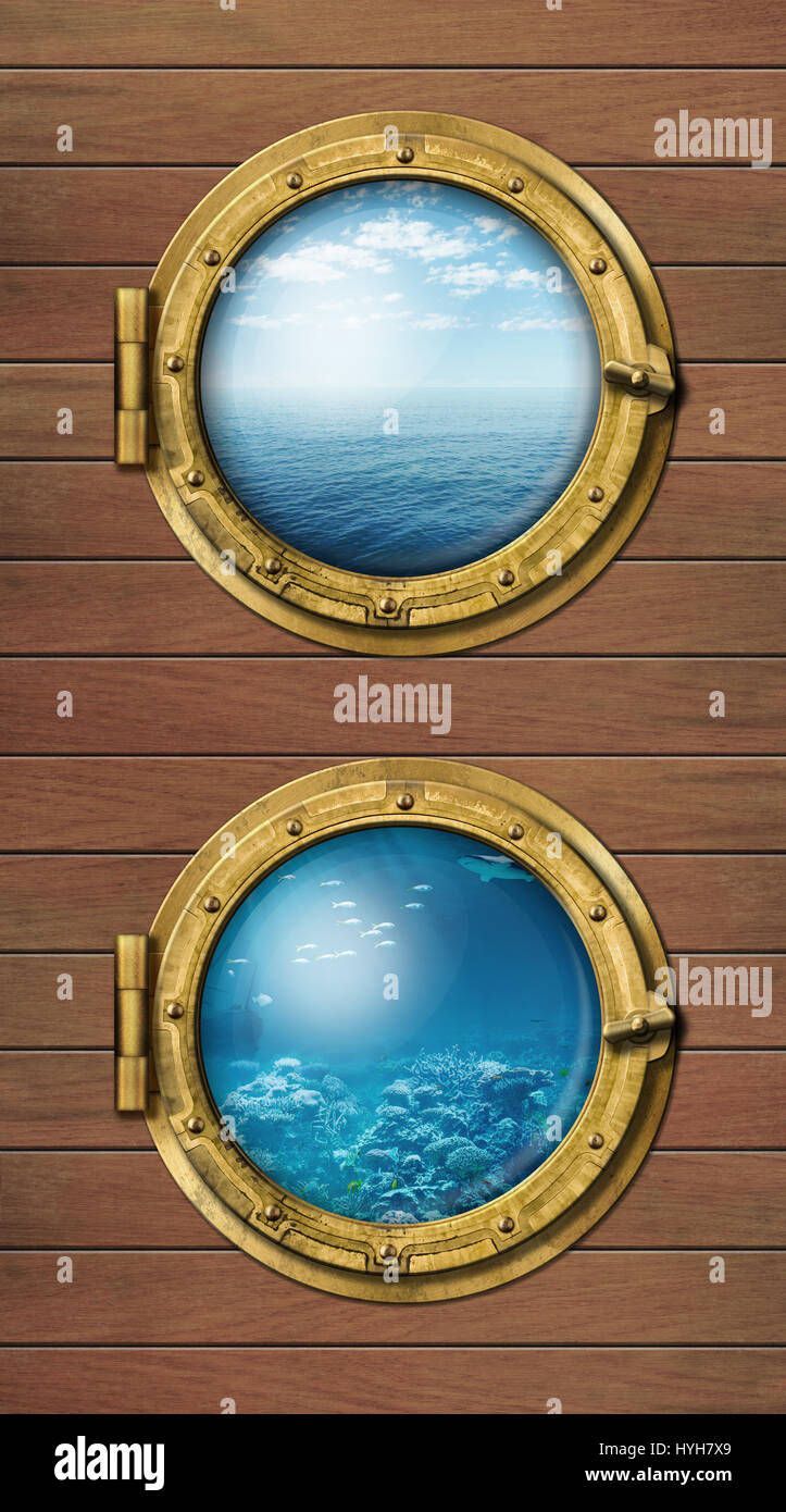Two ship windows with ocean surface and underwater deep Stock Photo
