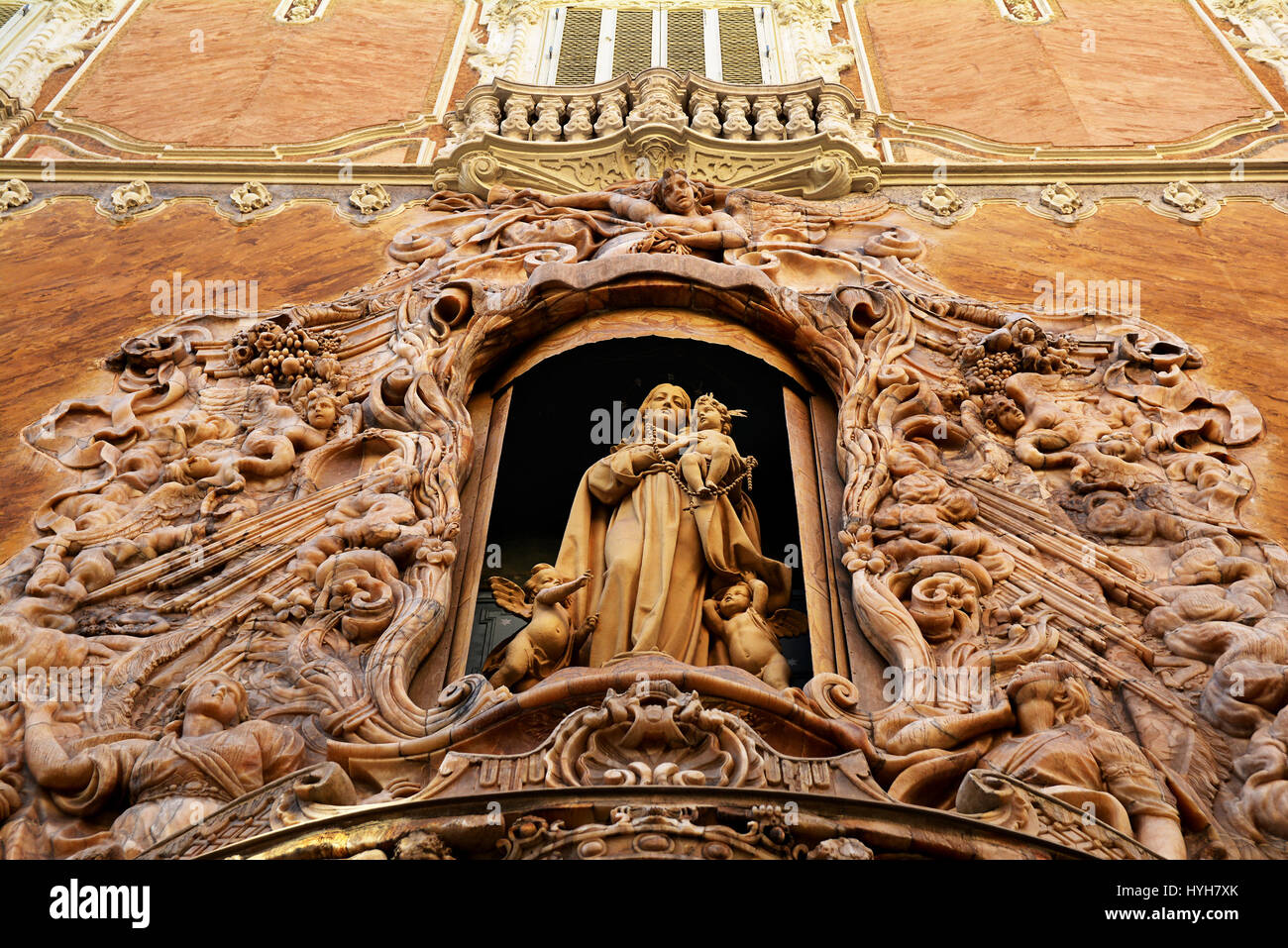 Alabaster facade of Virgen del Rosario enclosed in a niche of Palacio del Marques de Dos Aguas,now National Museum of Ceramics and Decorative Arts Stock Photo