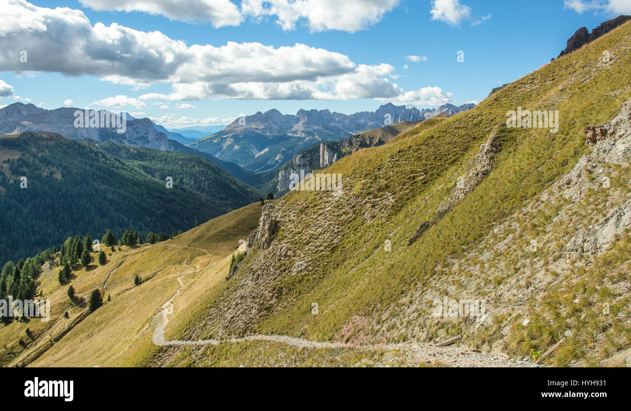 Mountains dolomite landscape during the autumn season in Val San Nicolò, in the Dolomites Area, Trentino Alto Adige, South Tyrol, italy. Stock Photo