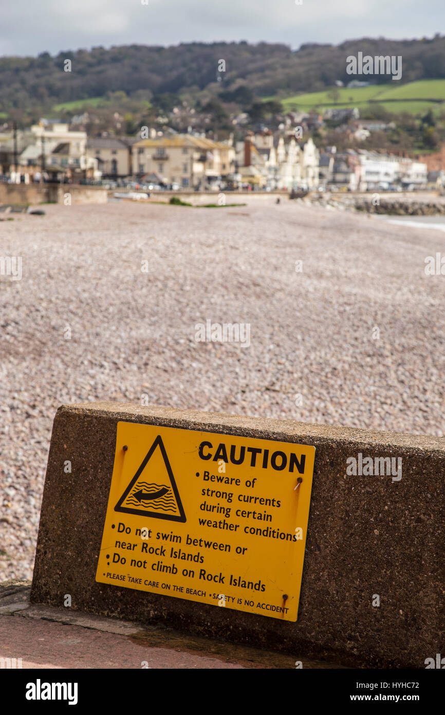 Warning sign about strong currents in the sea at Sidmouth,Devon. Stock Photo