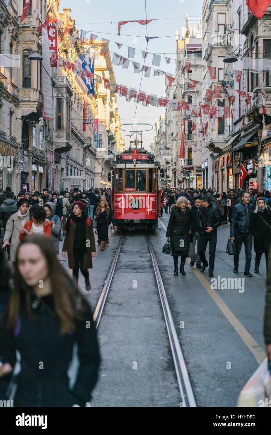 Nostalgic İstiklal Caddesi Tram driving through the streets Stock Photo