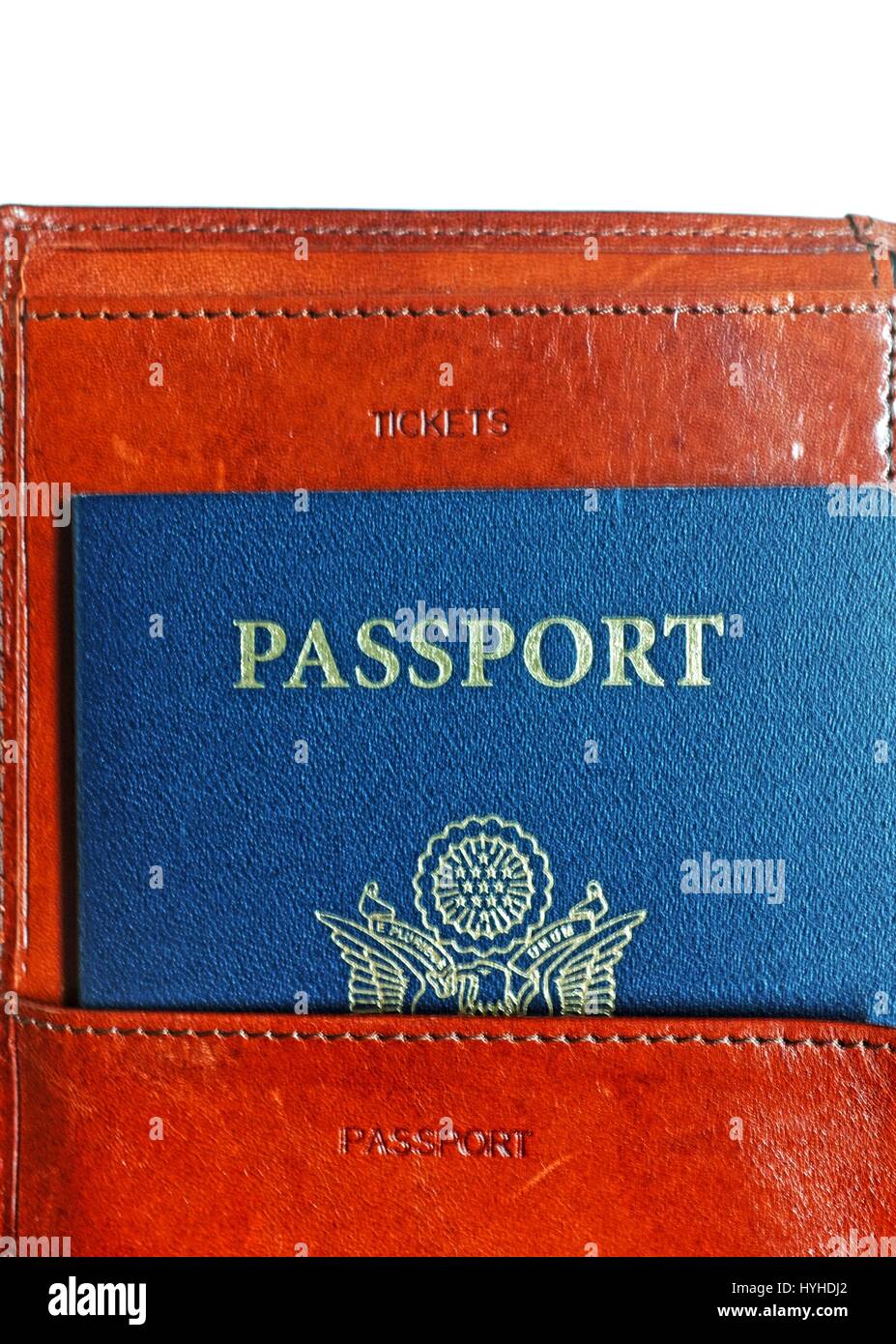 US passport in leather travel document holder Stock Photo